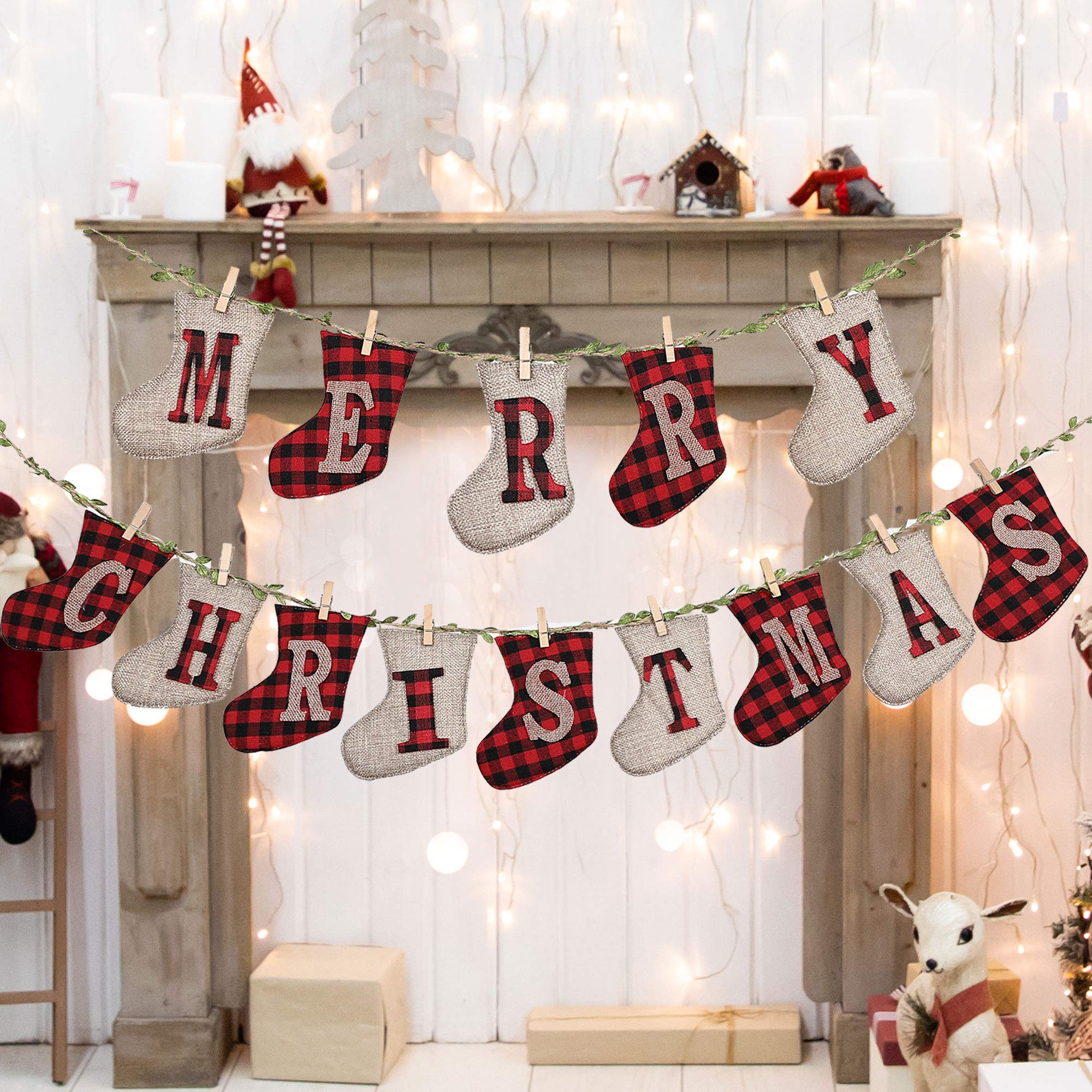 LessMo Merry Christmas Banners, Sock Shaped Burlap Banners, Red-White Plaid, 3 Meters (Length Only), 14 Pieces, Indoor/Outdoor, Christmas Party & Wall Decoration