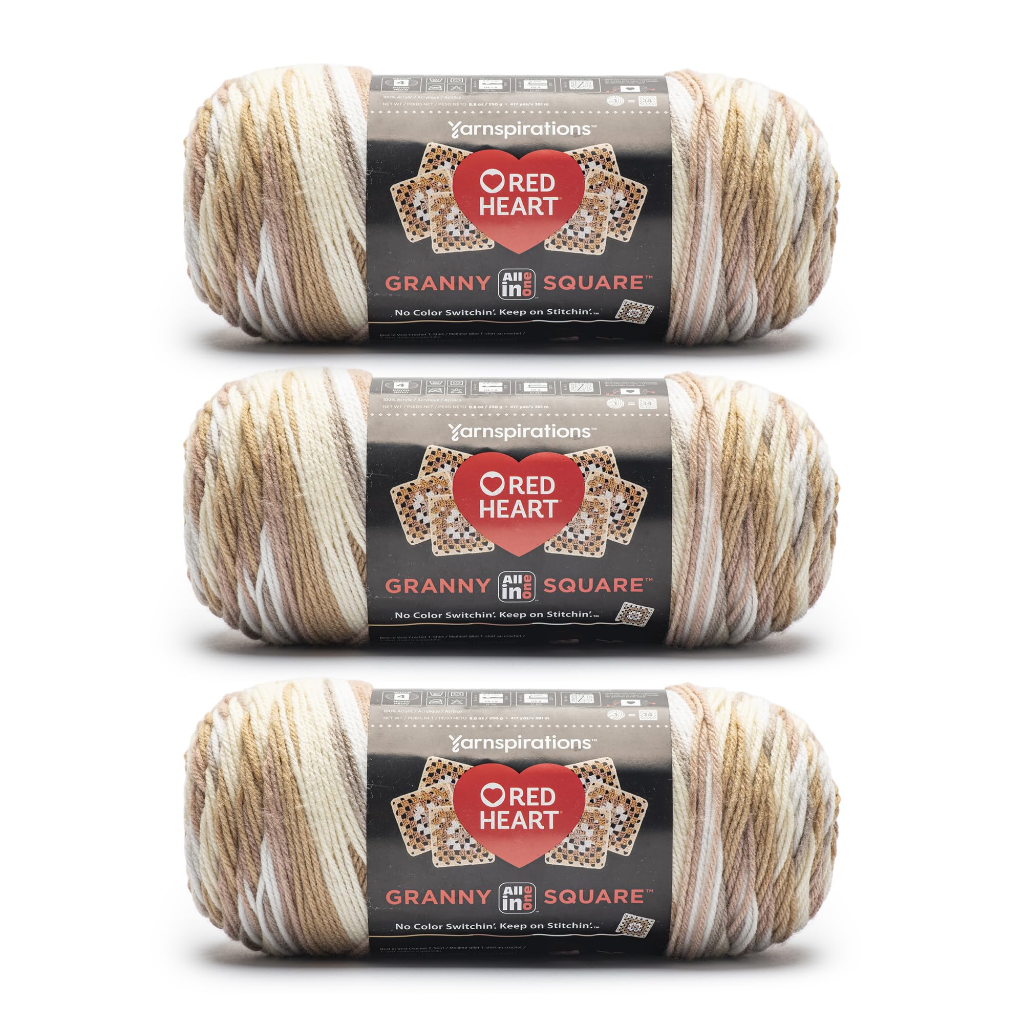 Red Heart All in One Granny Square Aran - Cream Yarn - 3 Pack of 250g/8.8oz - 100% Acrylic - #4 Worsted (Medium) - 381m/417Yards - for Knitting, Crochet and Amigurumi