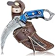 VULTURE CRAFTS CLUB, Damascus steel Handmade Knife, Survival claw Tactical teeth Knife Double edged sharp, Fixed Blade Knife With Sheath, Curved knife
