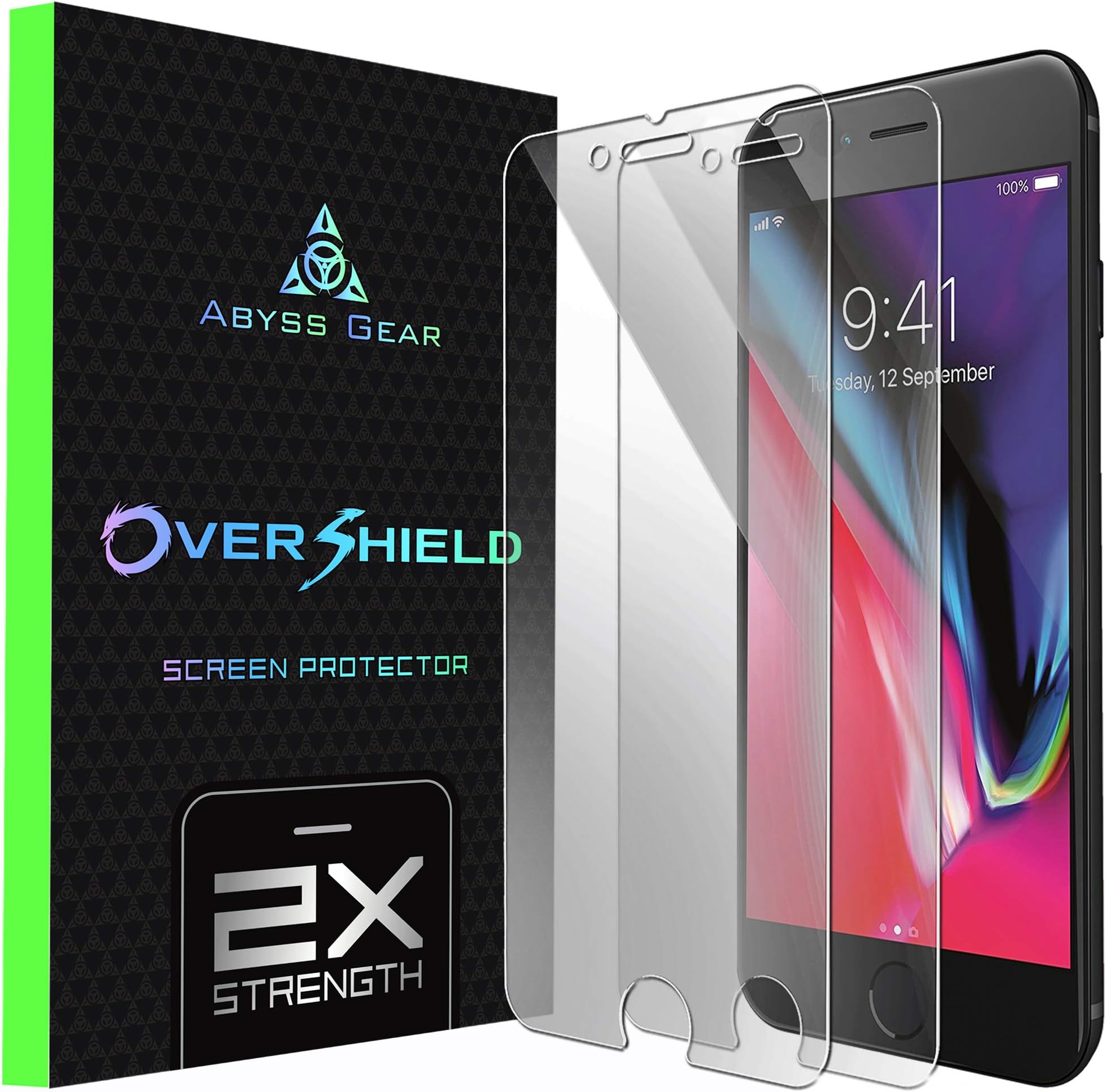 Abyss Gear for iPhone 7 Plus Screen Protector, iPhone 8 Plus Screen Protector, Double Strength Tempered Glass for Apple iPhone 7 Plus and iPhone 8 Plus, 2-Pack Clear