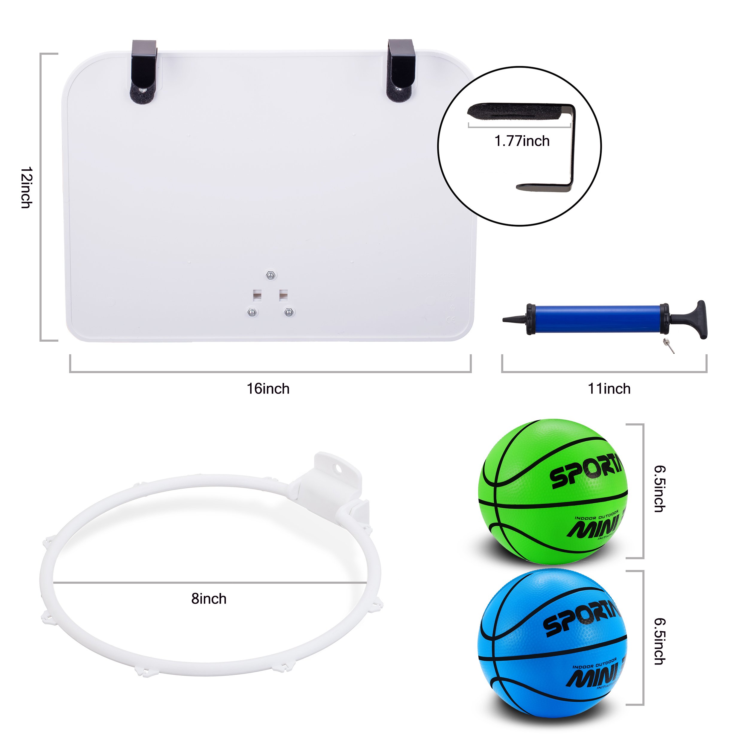 Mini Basketball Hoop Set With 16 x 12 Inch Shatter Resistant Backboard - Cute Bright Colors Kids Ball - Includes 2Pcs 6.5 Inch Basketballs & Pump - Fun Play Basketball System For Children Or Adult