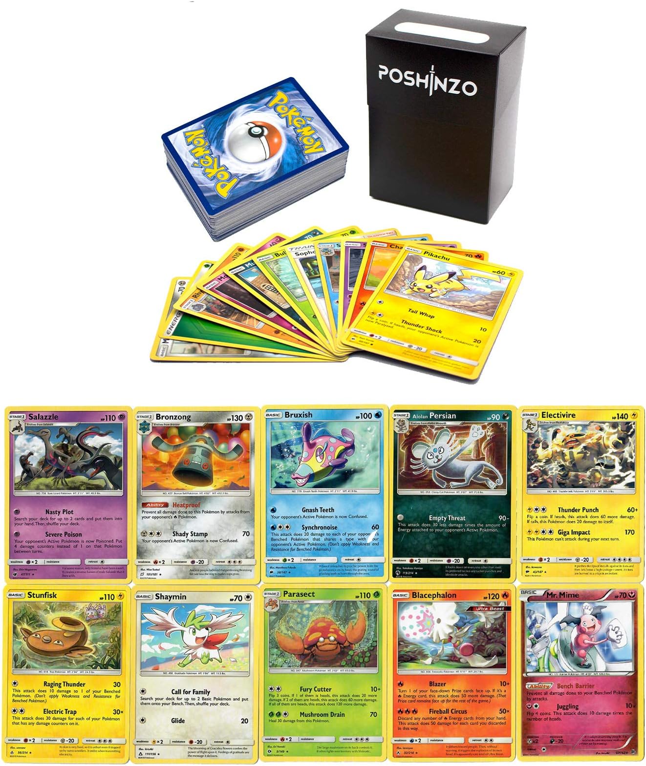 100 Pokemon Cards with 10 Rares Plus Poshinzo Card Box