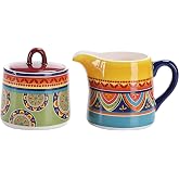 Bico Tunisian Ceramic Sugar and Creamer Set, Sugar Bowl with Lid, Cute Container for Coffee Bar, Kitchen Countertop Accessories, Microwave and Dishwasher Safe