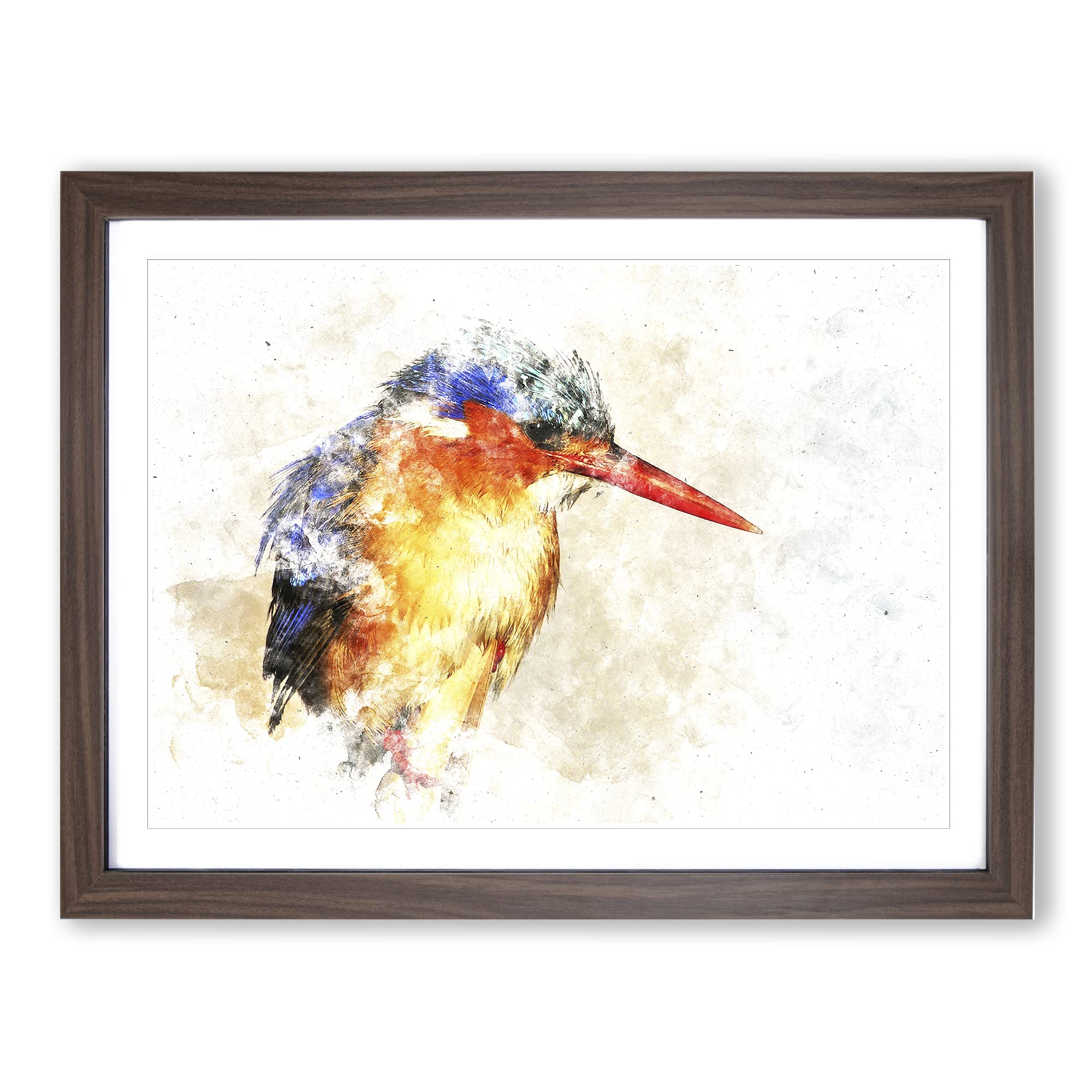 Exquisite Kingfisher Bird Watercolour Modern Framed Wall Art Print, Ready to Hang Picture for Living Room Bedroom Home Office Décor, Walnut A4 (34 x 25 cm)