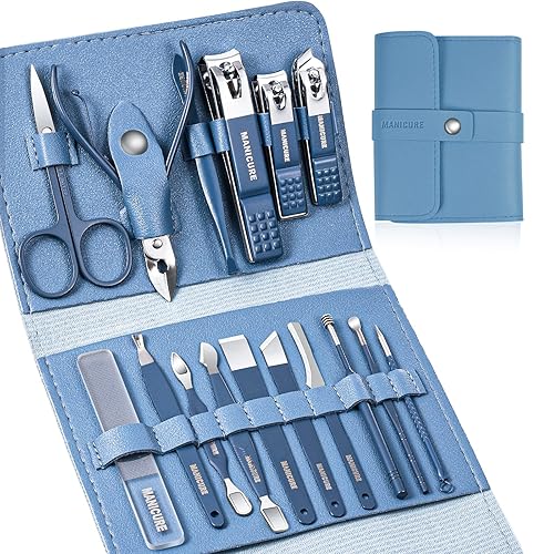 Manicure Set, Sumwitum Nail Care Kit, 16 PCS Nail Clippers Pedicure Kit, Stainless Steel Professional Nail Clipper Set with Leather for Women/Men/Friends and Parents Gifts (Blue)
