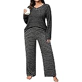 Blooming Jelly Womens Plus Size Pajamas Color Block Pajama Sets Button Down Lounge Sets 2 Piece V Neck Long Sleeve Pj