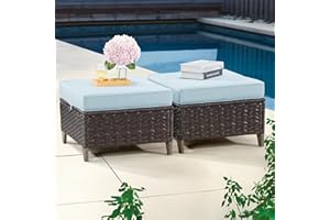 Gardenbee Patio Ottomans Set of 2, 22"x 23"x 17" Outdoor Wicker Footstool Brown Rattan with Removable Cushion, Light Blue, for Garden, Backyard, Deck, Porch, Balcony, Poolside
