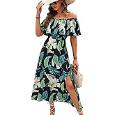 SITELUOYG Womens Summer Off The Shoulder Ruffle Side Split Leaf Patterns Chiffon A Line Beach Maxi Dress
