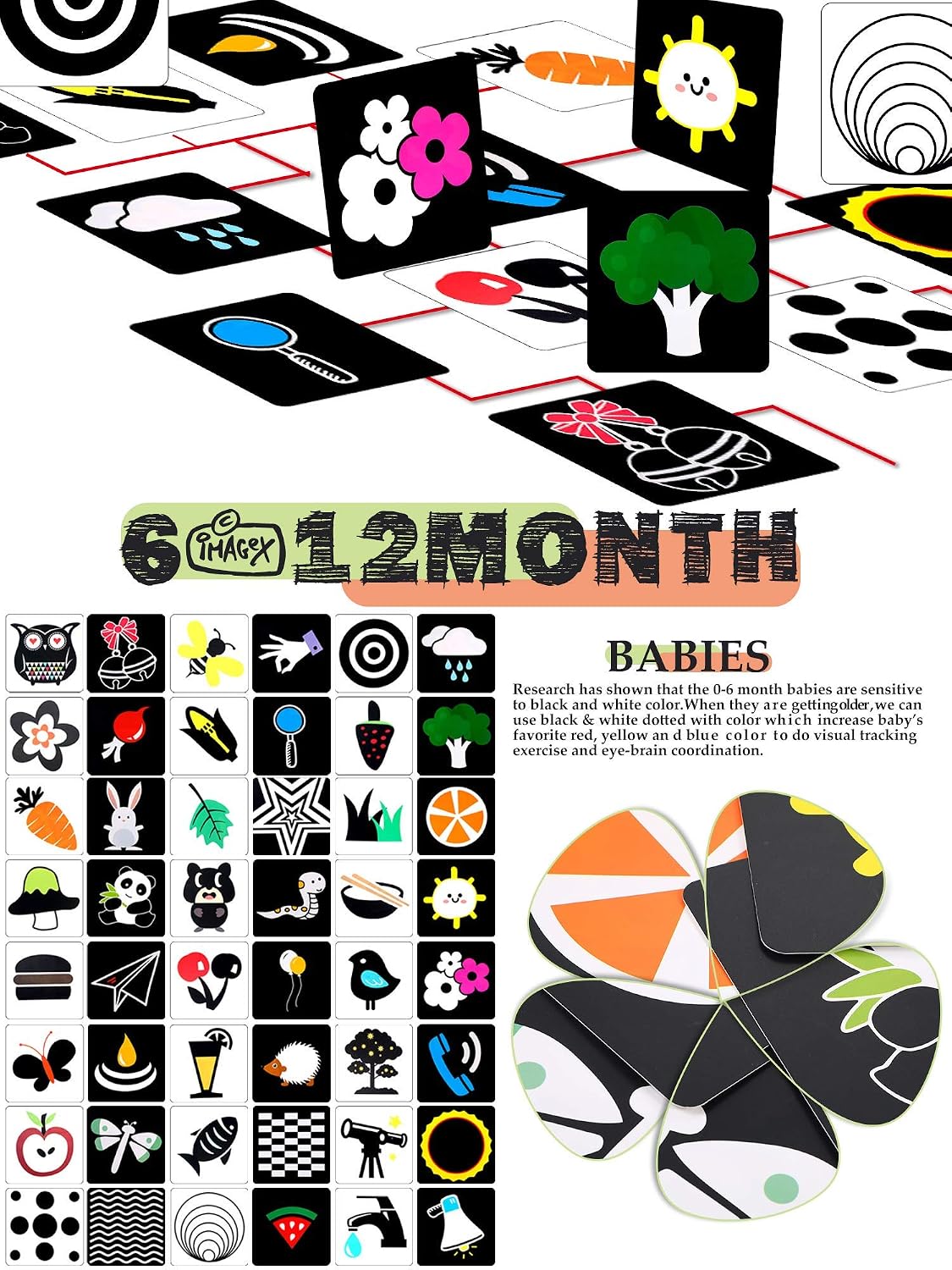 Black White Flash Cards for Infants, 48 Pictures 5.5 x 5.5 Inch Designed Contrast Cards for Newborn Baby Toys with High Contrast (6-12 Months) - Image 4