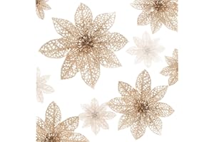 Wironlst 24 Pieces Glitter Poinsettia Flowers Christmas Tree Ornaments, Glitzy Poinsettia Bushes Christmas Decorations for Xmas/Holiday/Seasonal/Wedding (Champagne)