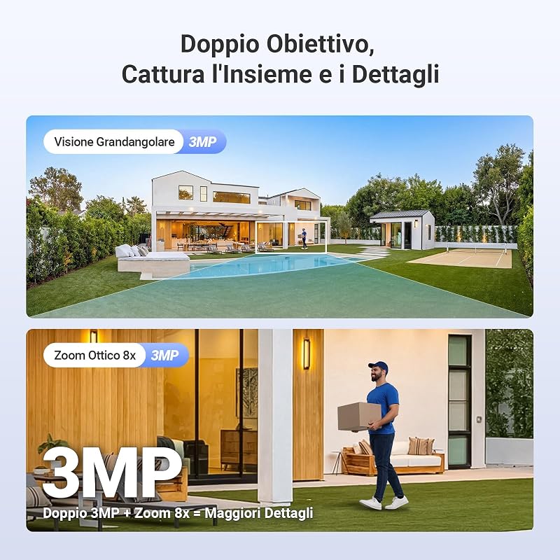 6MP (3MP+3MP) Telecamera WiFi Esterno con Doppia Lente, Telecamera per Esterni a 360°, Visione Notturna a Colori, Rilevamento Persone/Veicoli, Audio Bidirezionale, Impermeabile, C9c Dual 2K
