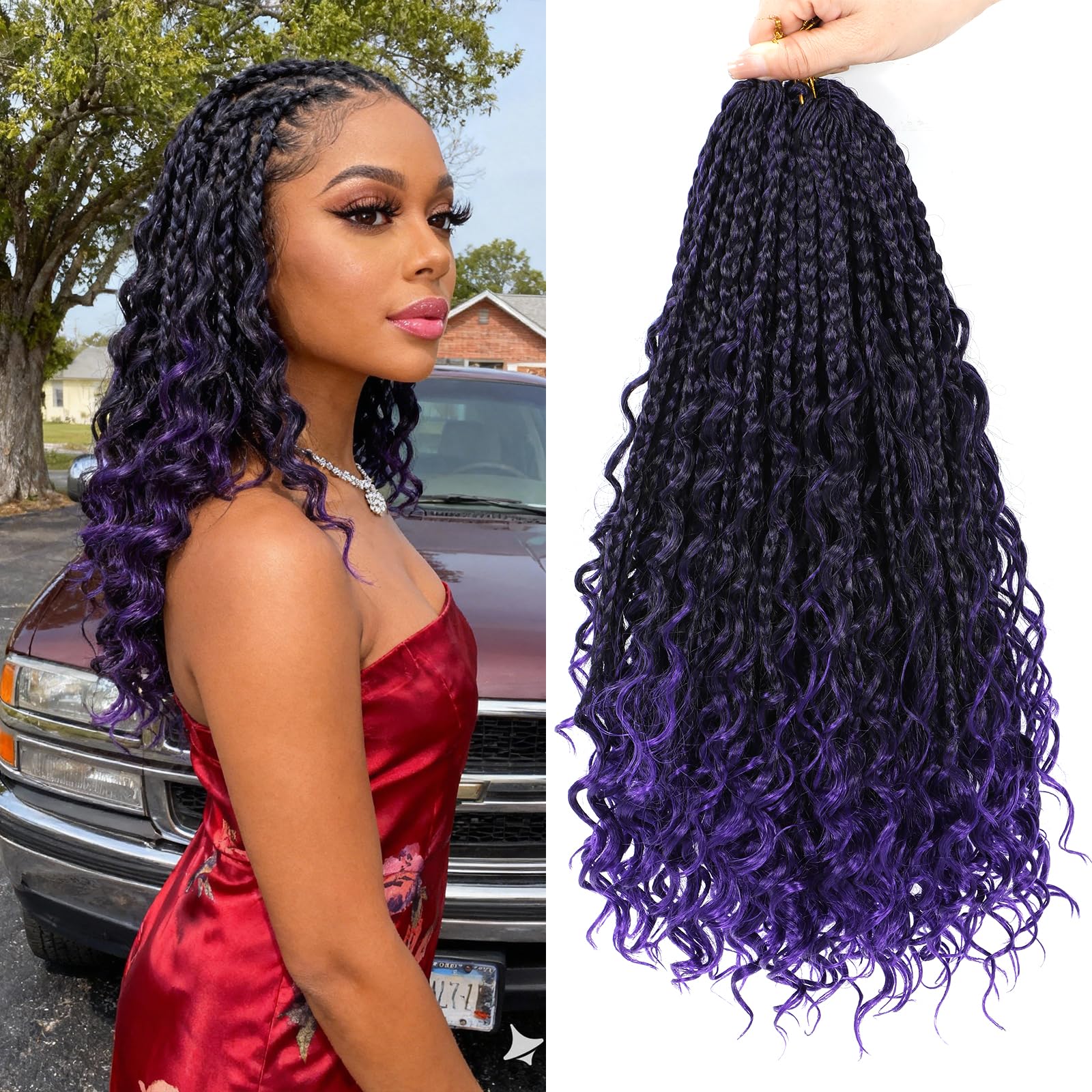 Crochet Braids Hair Extensions 8 Packs 14 Inch Boho Braids with Curly Ends Pre-Looped Crochet Hair Extensions for Black Women Goddess Braid Extensions Hair(1B/Purple#) — image 1