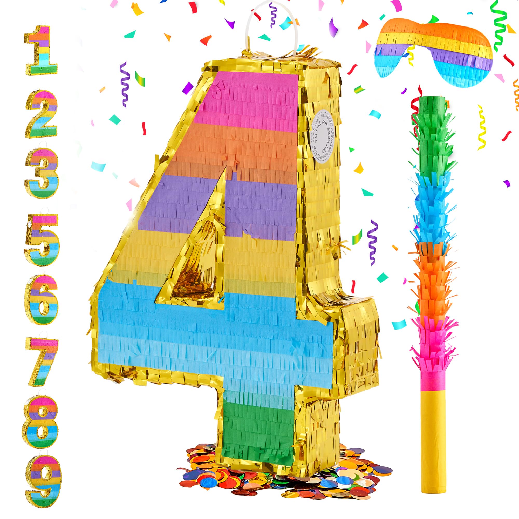 Photo 1 of MUWOOB Rainbow Number 4 Pinata for 4th Birthday Party Decorations, Birthday Pinata with Stick Blindfold and Confetti, Kids Anniversary Celebration, Fiesta (Small, 16.5 x 11.5 x 3 In)