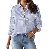 AISEW Womens Button Down Shirts Striped Classic Long Sleeve Collared Office Work Blouses Tops with Pocket