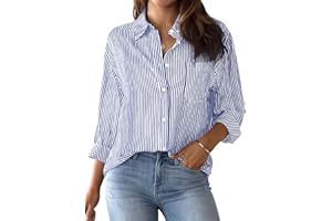 AISEW Womens Button Down Shirts Striped Classic Long Sleeve Collared Office Work Blouses Tops with Pocket