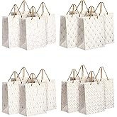 Sparkle and Bash Party Favor Bags - 8" x 10" x 4.5", Medium White & Gold, 16 Pack - Geometric Foil w/Rope Handles & Tags - Reusable Thank You Gift & Mini Gift Bags for Wedding, Bridal & Baby Showers