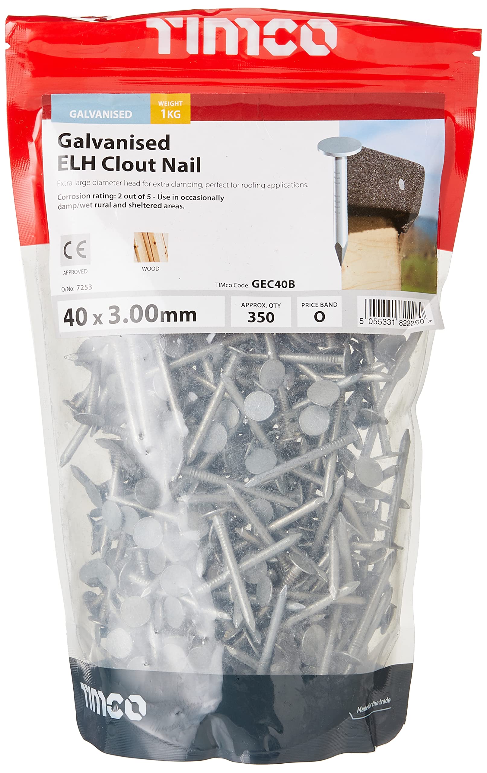 TIMCO Galvanized ELH Clout Nails - 40 x 3.00 - Extra Clamping - Perfect for Fitting Roofing Felt and plasterboard - 1kg Bag - Silver