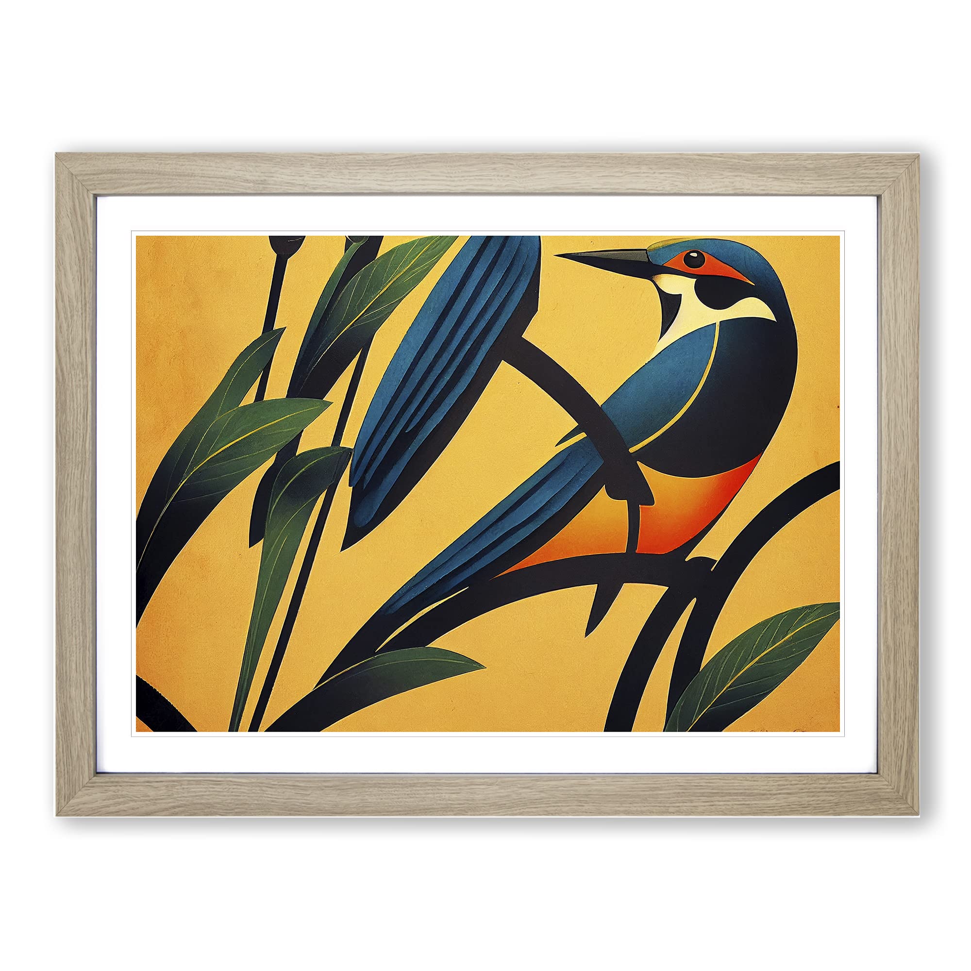 Art Deco Kingfisher Framed Print | A4 Oak Framed Wall Art | Ready to Hang | Art Deco Nature Picture | Living Room Bedroom Lounge Office