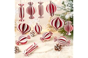 OUMUAMUA 12Pcs Red and White Christmas Decorations, 3D Candy Paper Honeycomb Ornaments for Tree, Decorative Hanging Ornaments Craft Balls Honeycomb Lanterns for Xmas Tree New Year Holiday Party Home Decor