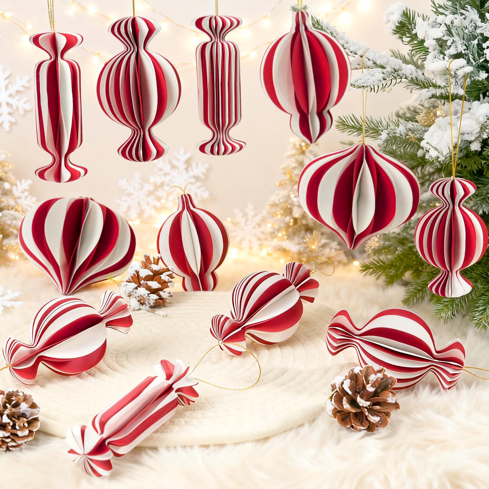 Photo 1 of 12Pcs Red and White Christmas Decorations, 3D Candy Paper Honeycomb Ornaments for Tree, Decorative Hanging Ornaments Craft Balls Honeycomb Lanterns for Xmas Tree New Year Holiday Party Home Decor