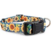 Limeloot Sunflower Dog Collar for Female Dogs - Cute Adjustable Girl Dog Collar for Small Medium Large Dogs, Blue and Yellow Large