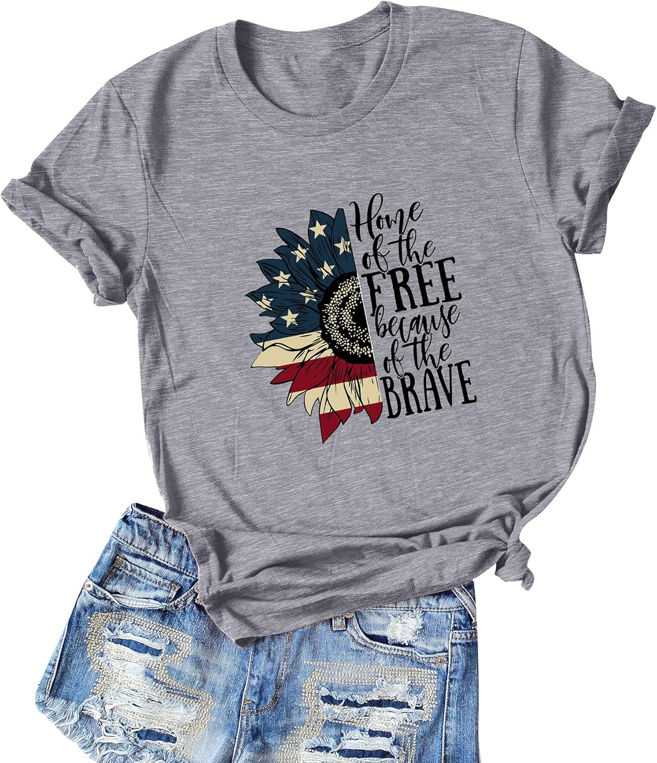 FEMLE Womens Independence Day T-Shirts Home of The Free Because of The Brave American Flag Graphic Tees