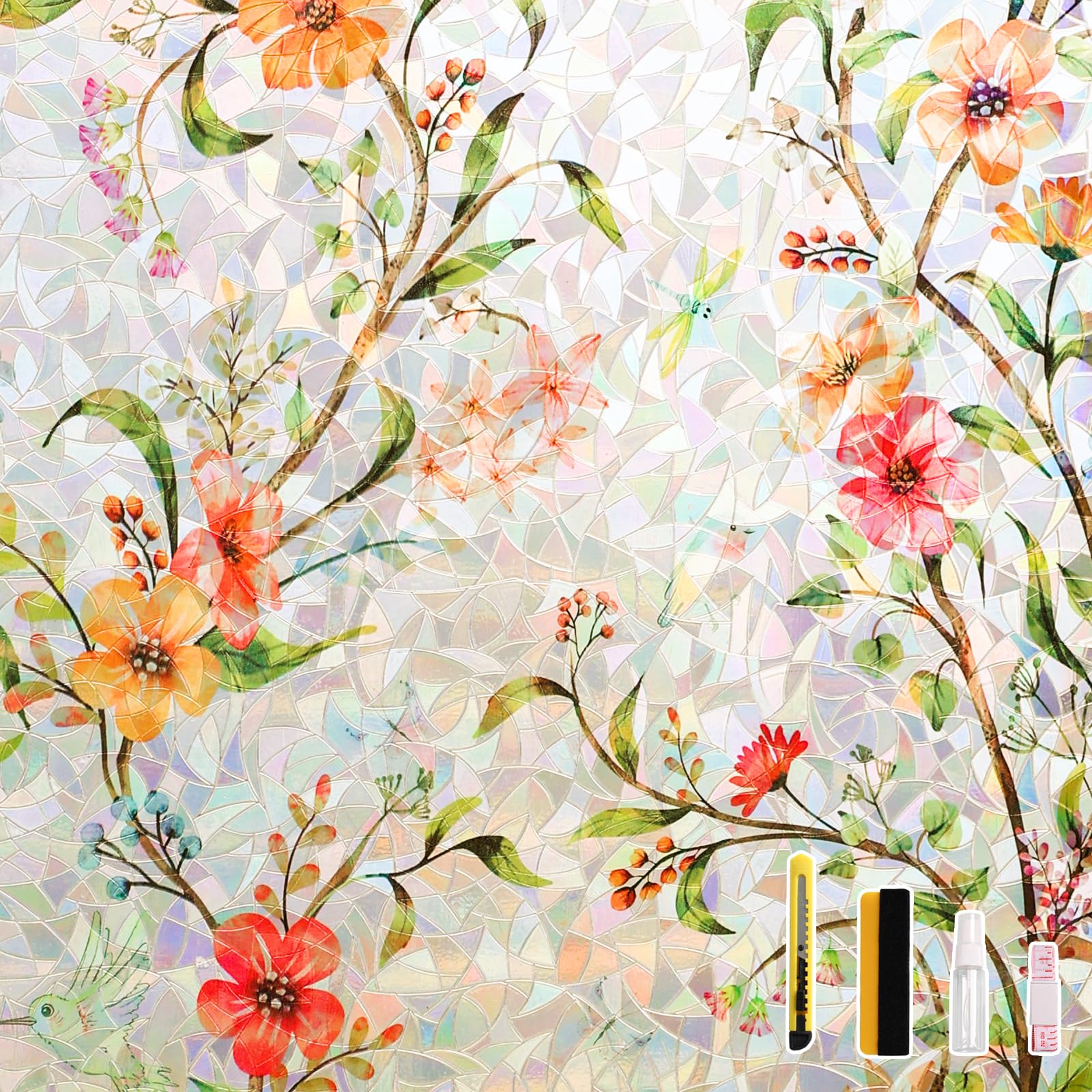 LEMON CLOUD Window Privacy Film with Static Cling & 3D Rainbow Effect, Floral Stained Glass Pattern for Home Decor, Heat and UV Blocking, Non-Adhesive, 29.5 x 157.4 Inch Image