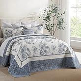 SOElinens Oversized King Bedspread 120x120 - Botanical Floral Farmhouse Reversible California King Quilt Set, 3-Piece Lightweight Thin Comforter Coverlet Set, 100% Cotton, Cal King, Blue/Off White