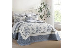 SOElinens Oversized Queen Bedspread 102x120 - Botanical Floral Farmhouse Reversible Oversized Queen Quilt Set, 3-Piece Lightweight Thin Comforter Coverlet Set, 100% Cotton, Blue/Off White