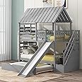 Kids Twin Over Twin Bunk Beds with Slide and Trundle, Solid Wood Bunk Bed Frame with Stairs and Storage, Playhouse Bunk Bed with Roof and Window for Kids, Teens, Girls & Boys (Gray)