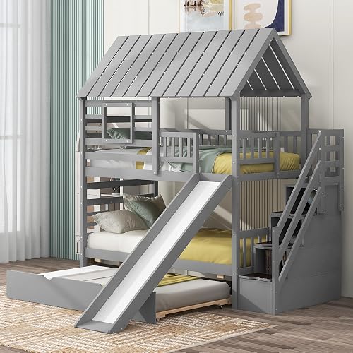 MERITLINE House Bed Bunk Beds Twin Over Twin, Wood Floor Bunk Beds with ...