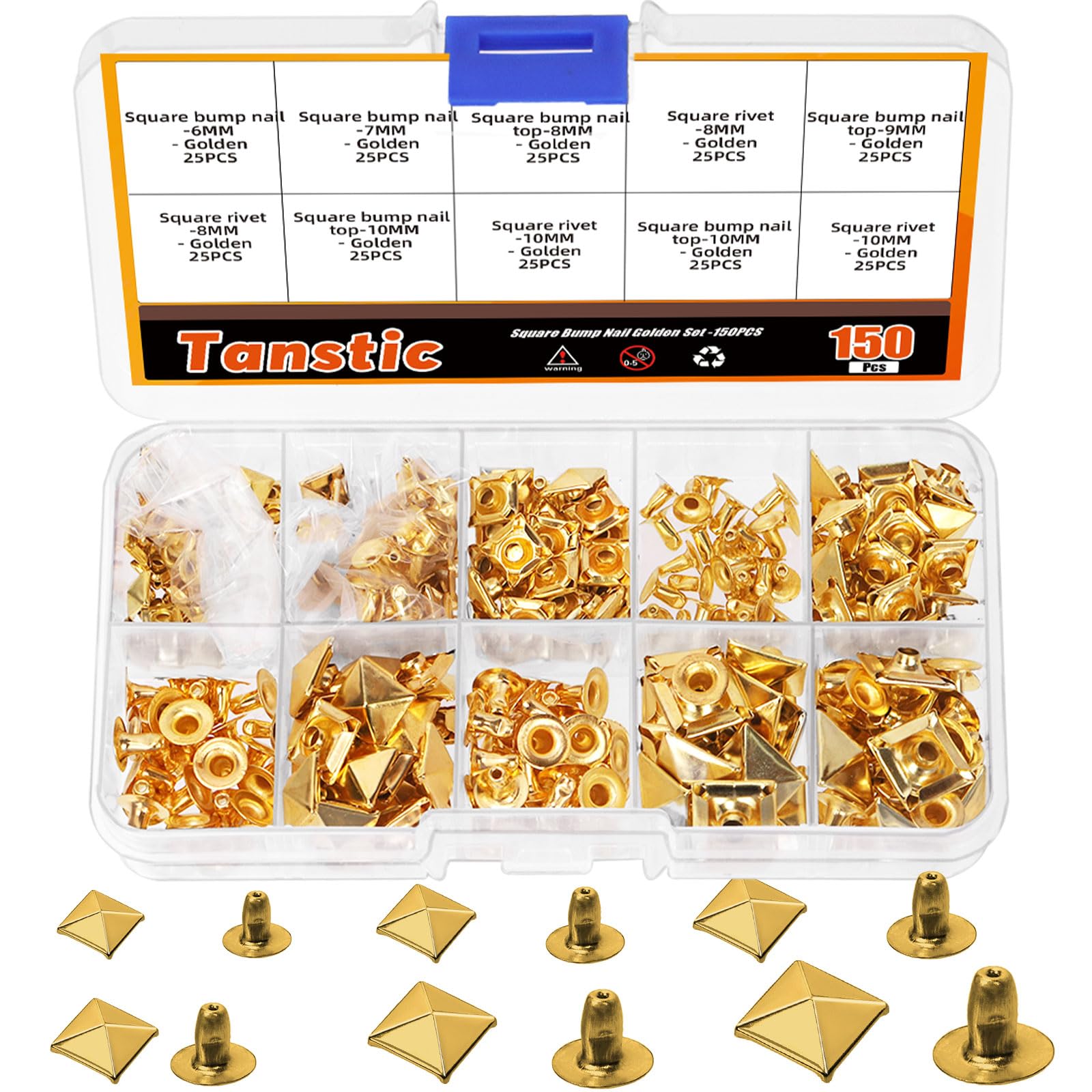 Tanstic 150Pcs Spike Rivet Pyramid Rapid Rivet Studs, 6mm, 7mm, 8mm, 9mm, 10mm, 12mm Spike Rivet Square Punk Spikes for Clothing Shoes Belts Bags (Gold)