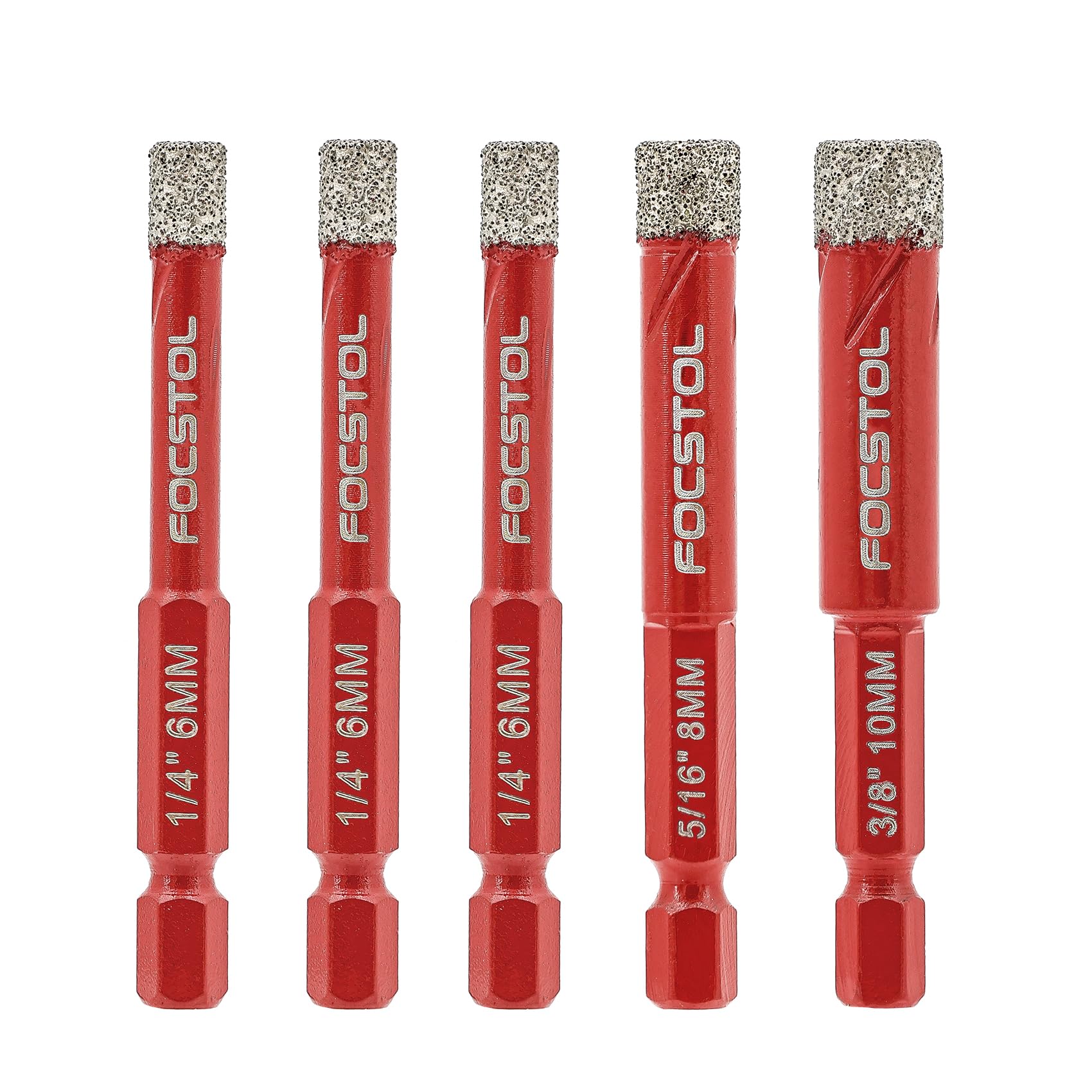 Dry Diamond Drill Bits Set - FOCSTOL 5pcs 6/6/6/8/10mm Diamond Hole Saw Kit with Quick Change Hex Shank for Ceramic Porcelain Tile Marble Granite Quartz