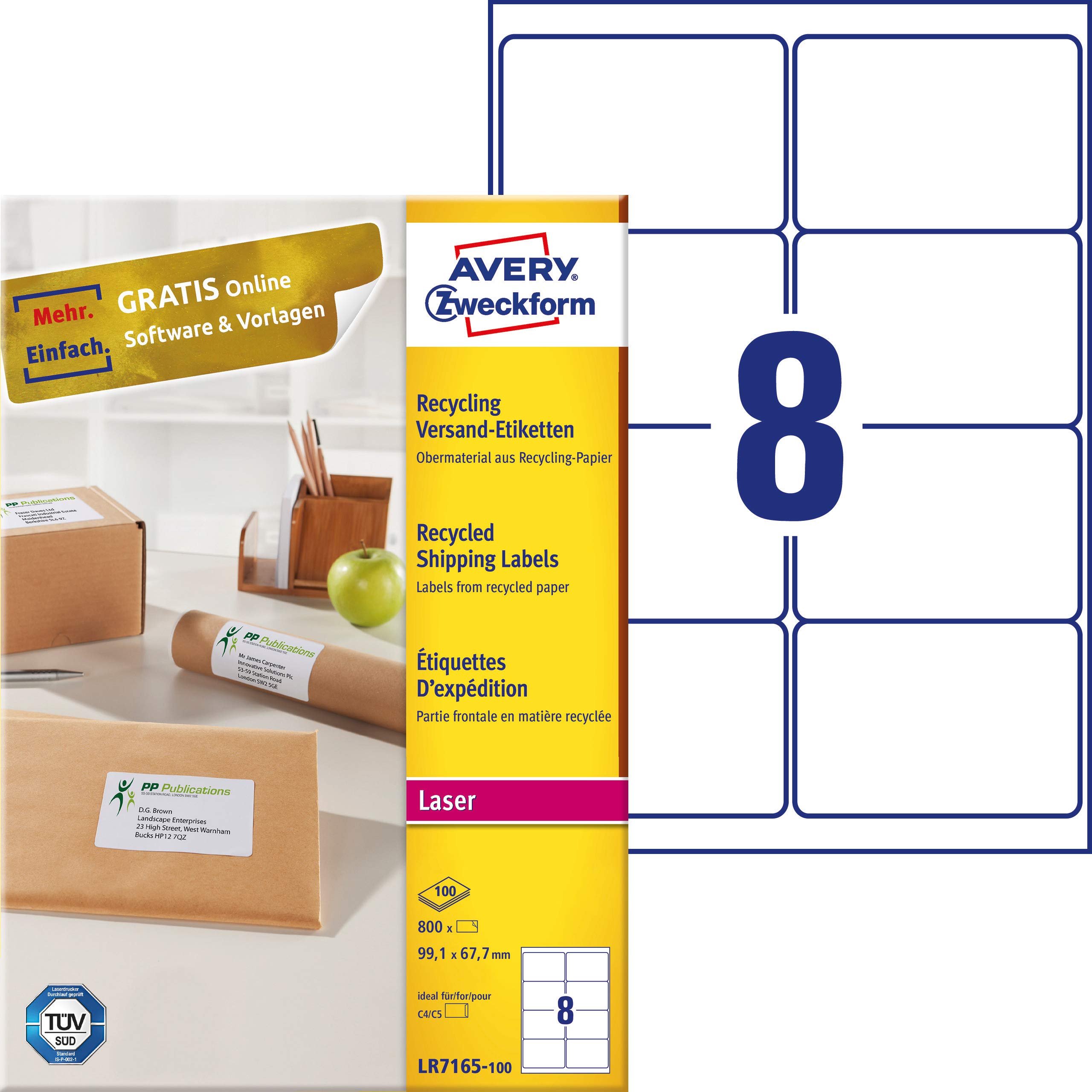 AVERY Zweckform LR7165-100 Recycled Labels (800 Shipping Labels, 99.1 x 67.7 mm on A4, 100% Recycled Recycled Paper, Printable, Self-Adhesive, for DIN B4/C4 Envelopes), 100 Sheets, Natural White