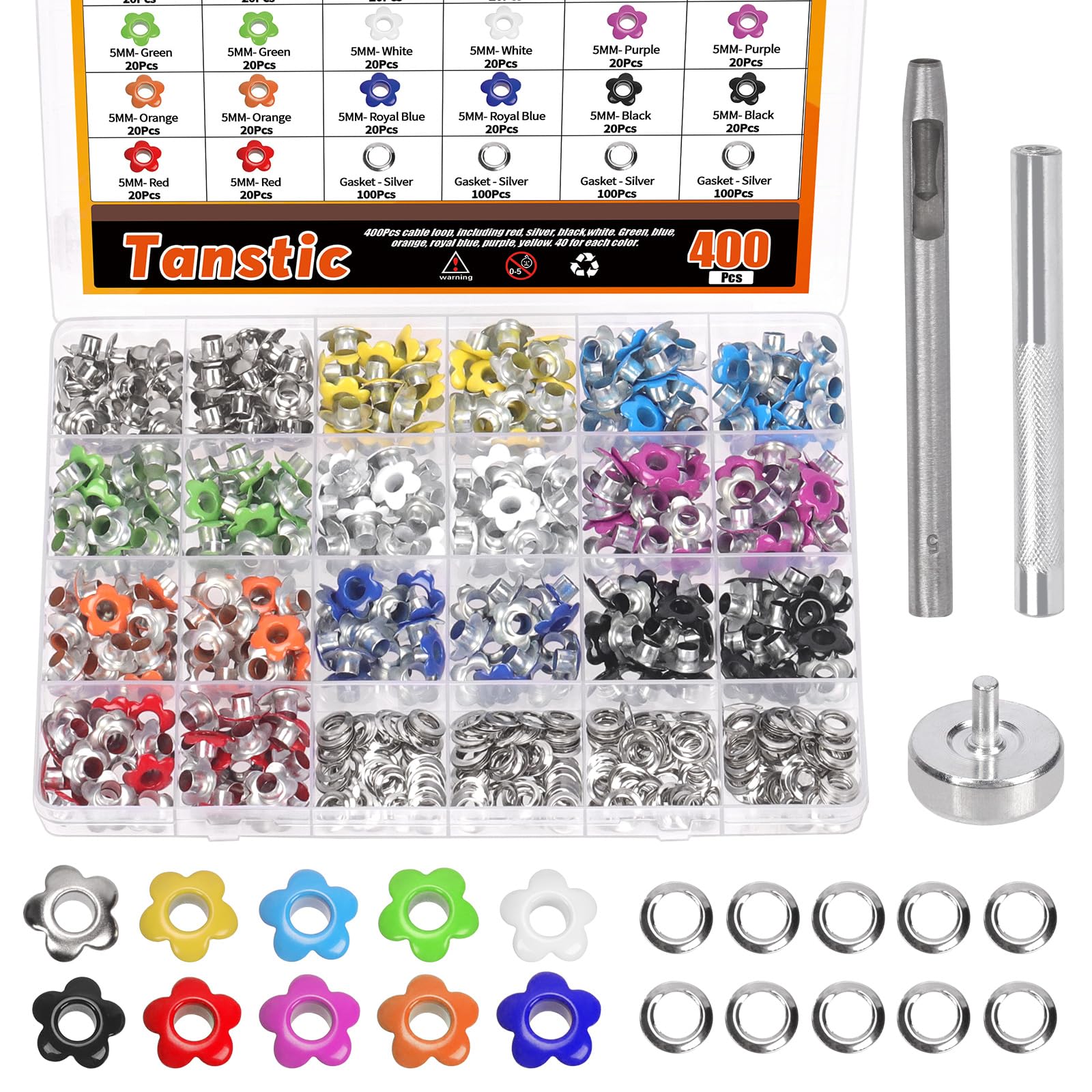 Tanstic 400Pcs 10 Colors 3/16 Inch Grommet Eyelets Metal Eyelets Flower Eyelet Grommets Multi-Color Grommets for Shoes Bag Leather