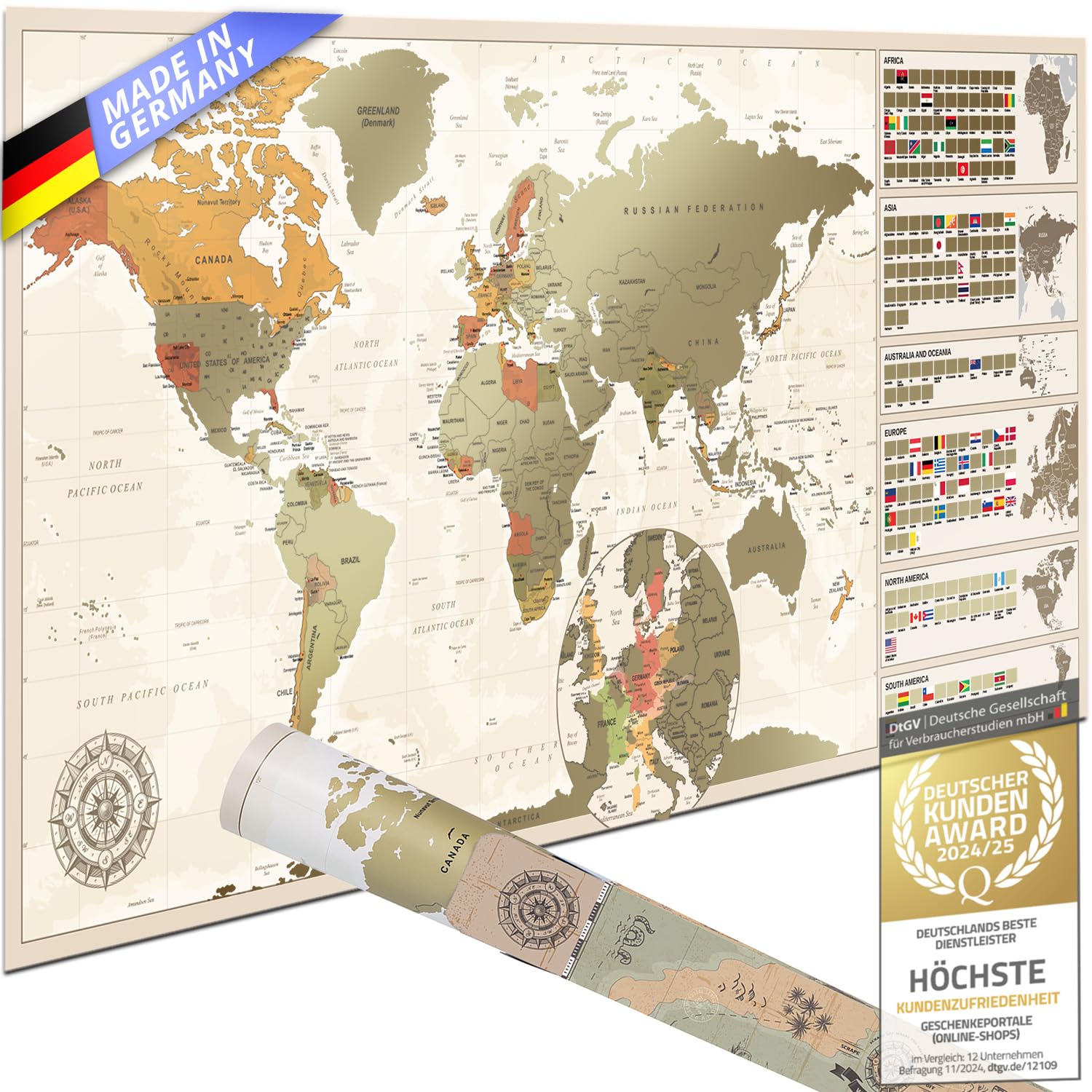 XXL Vintage Scratch Off World Map Poster, 100 x 45 cm, Made in Germany