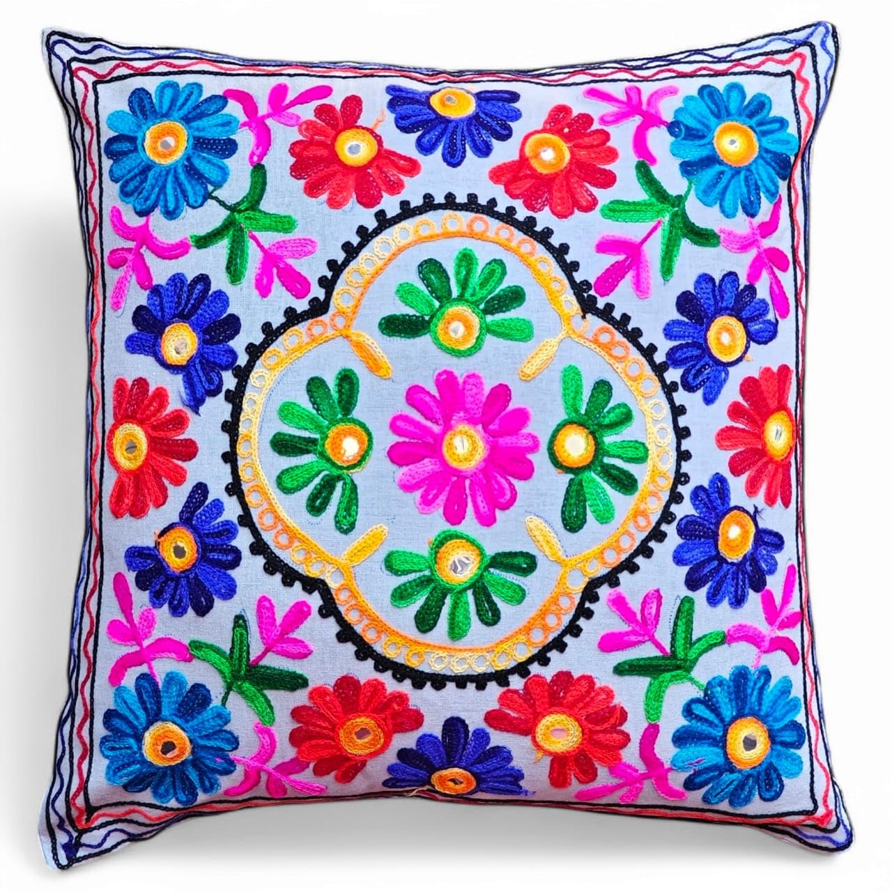 Original Kikan Suzani Multi Colour Floral Embroidery 16"x16" 40 x 40 cm Indian Ethnic Cushion Cover Takiya Sofa pillow Zipper Back (Grey)