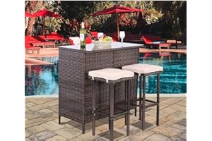 Polar Aurora 3PCS Patio Bar Set with Stools and Glass Top Table Patio Wicker Outdoor Furniture with Beige Removable Cushions for Backyards, Porches, Gardens or Poolside