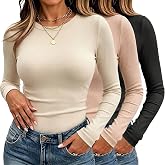 umroo 3 Pack Women's Ribbed Knit Long Sleeve Tops Crew Neck Slim Fit Shirt | 3 pack Slim Fit Going Out Tops, Stretchy Ribbed Womens Tops, Winter Basic Tee Shirts
