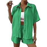 WDIRARA Women's 2 Piece Outfit Button Front Short Sleeve Collar Shirt and Shorts Set