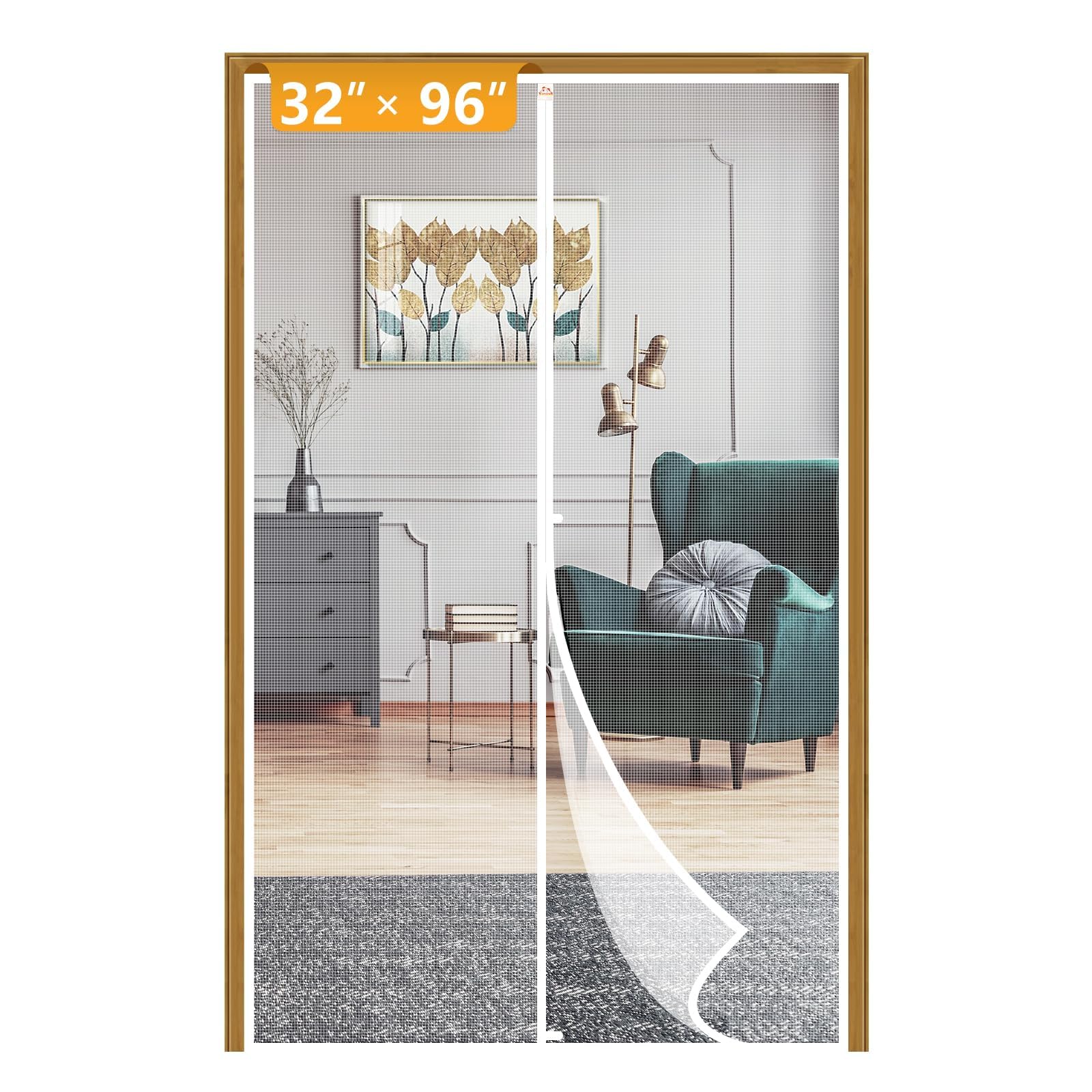 Photo 1 of Yotache Mesh Door Screen with Magnets Fit Doors 32 x 96, Screen Size 34" x 97" with Full Frame Hook&Loop Strip and Special Windproof Hasp Design, White
