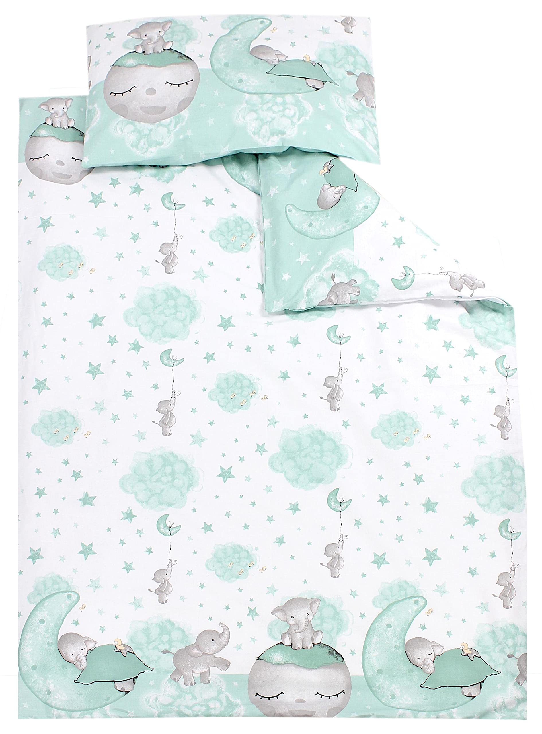 TupTam Children Bedding Set Duvet Cover Pillowcase Two-Sided, Moon with Elephant/Mint, 120x90 cm