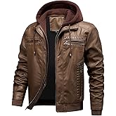INVACHI Men's Leather Jacket Motorcycle Bomber Jacket Windproof PU Vintage Jacket with Removable Hood