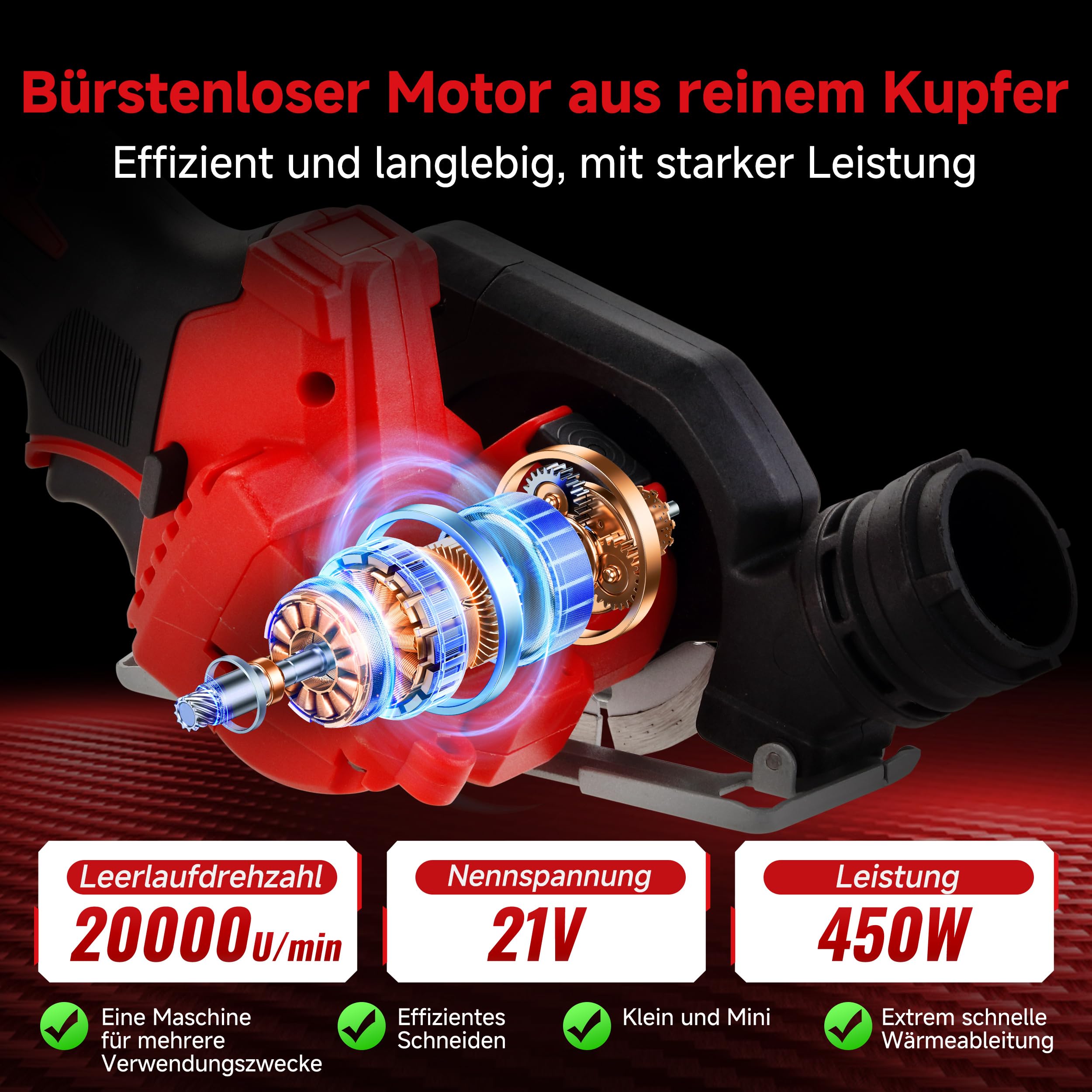 TEENO Akku-Mini-Handkreissäge, Akku Handkreissäge mit LED-Leuchte, 2x 4,0Ah-Akkus, Einstellbarer Schnittwinkel, 20000 U/min, 3 Sägeblätter inklusive Schleifscheibe für Metall, Holz und Fliesen 7