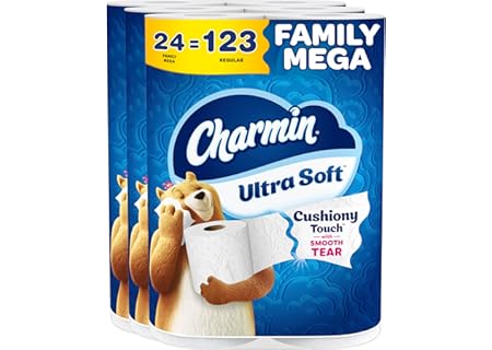 Charmin Ultra Soft Cushiony Touch Toilet Paper, 24 Family Mega = 123 Regular Rolls, White