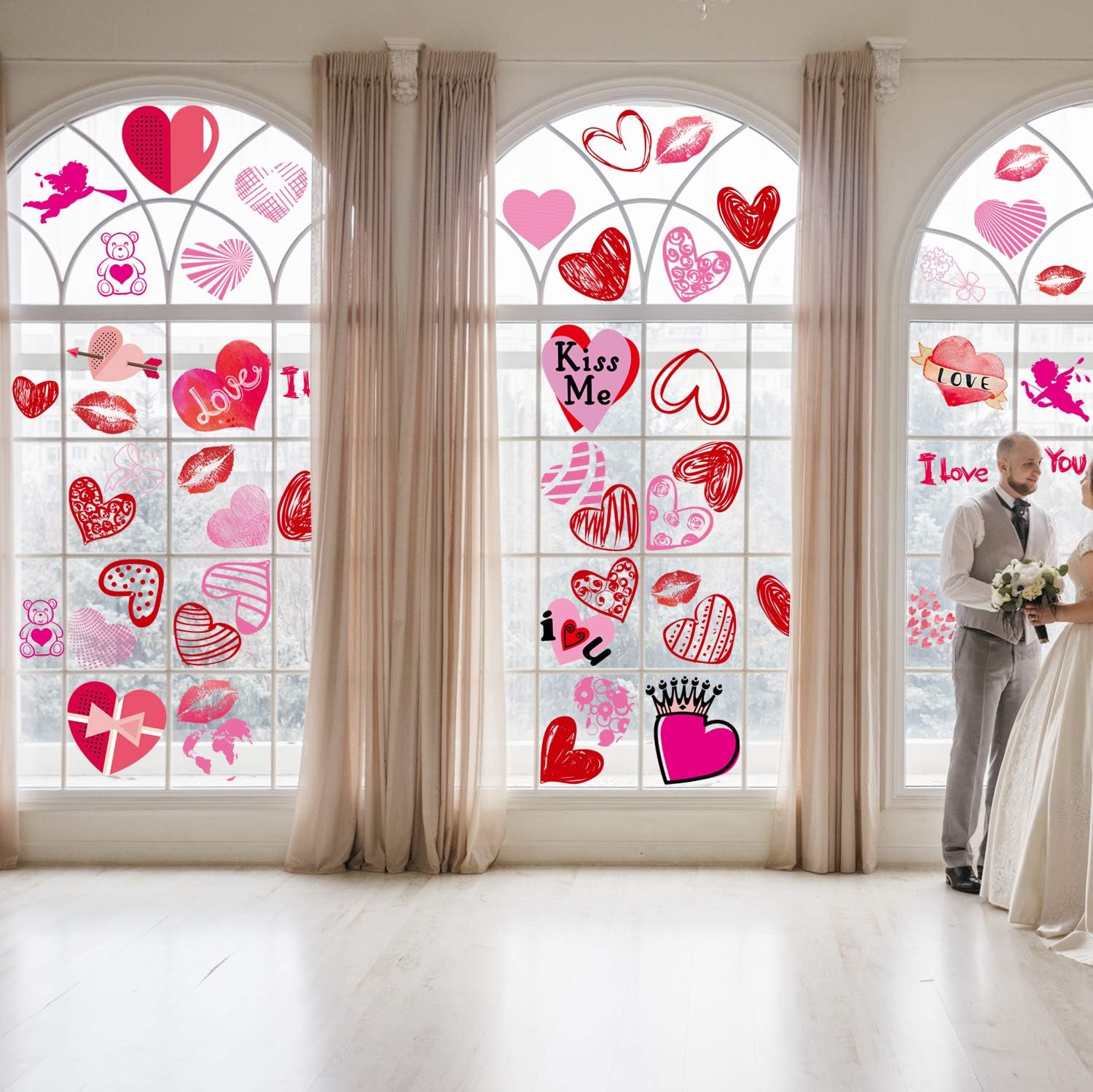 Sayala 144pcs Valentine's Day Window Clings Heart Static Stickers Decal - Removable Valentines Window Decals - Valentines Decorations