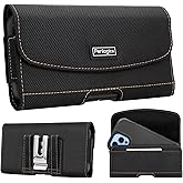Perilogics Horizontal Nylon Belt Holster for iPhone 17 Pro Max, 16 Pro Max, 16 Plus and Other Pro Max/Plus Models with Case, Magnetic Cover, Chestnut Stitching, Belt Loops, and ID Slot