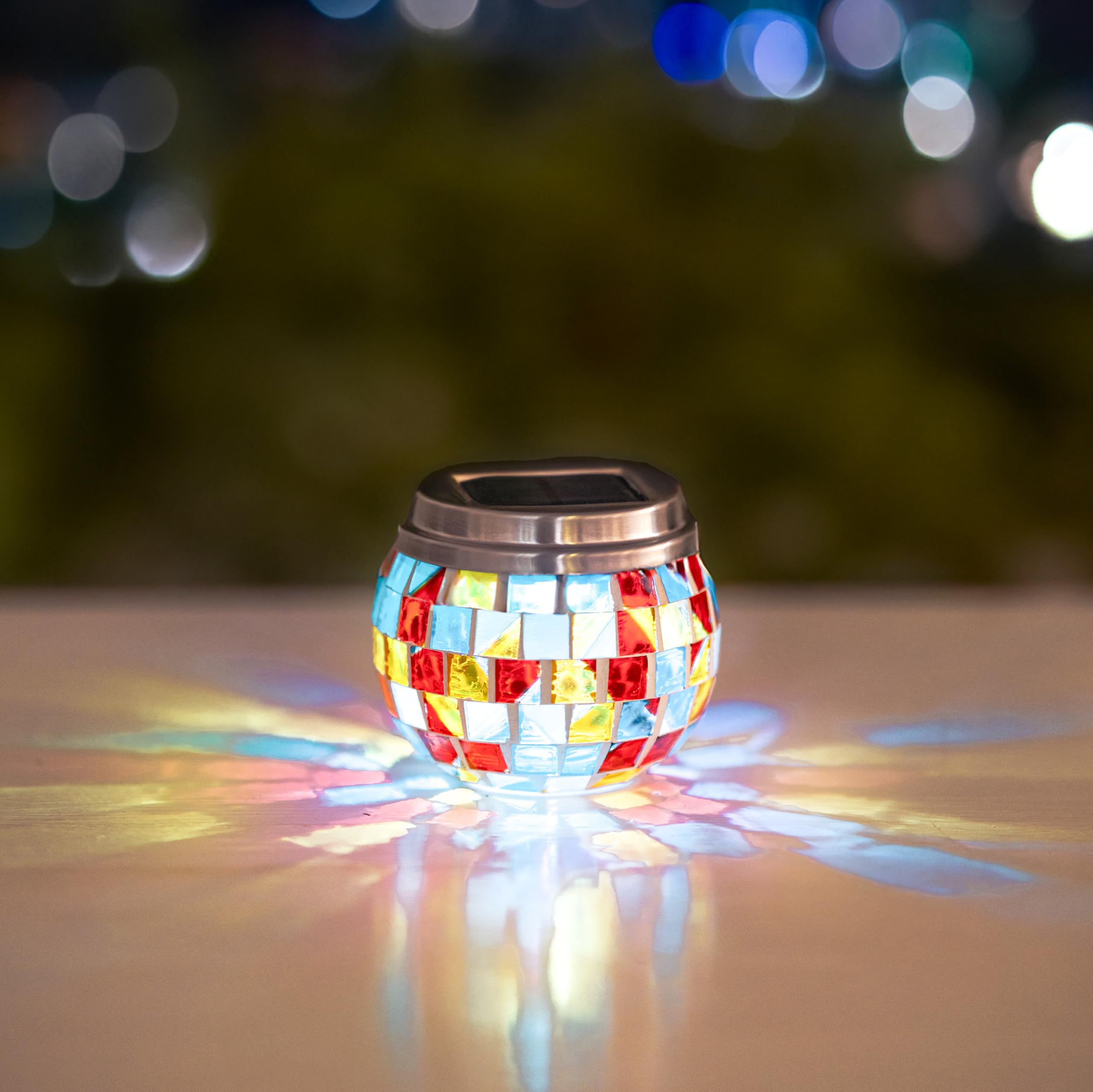 Garden Mile Solar LED Mosaic Jar Light Multi Coloured Lantern Outdoor Lighting for Garden Light Up Table Top Decoration Small Outdoor LED Garden Lamp