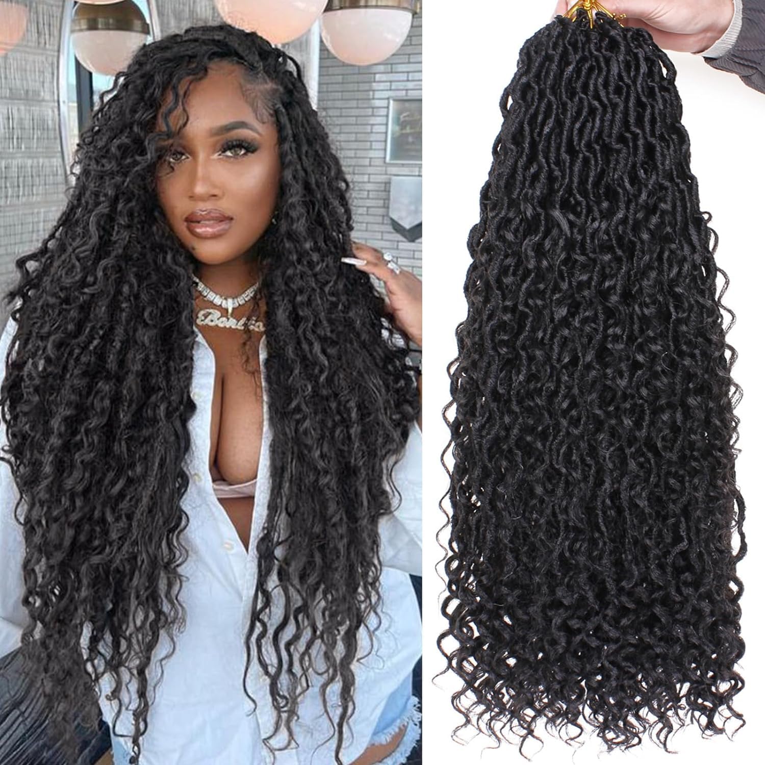 Mscat 24Inch 8 Packs Goddess Faux Locs Crochet Hair 12Strands/pack Wavy With Curly Ends Pre-looped Bohemian Hippie Locs Crochet Braids Hair Extensions (12Strands/Pack 1B#)