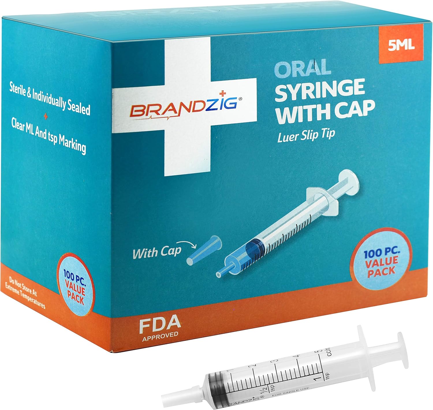 5ml Syringe with Cap (100 Pack) | Oral Dispenser Without Needle, Luer Slip Tip, | Individually Wrapped Medicine Dropper for Infants & Pets: Health & Personal Care